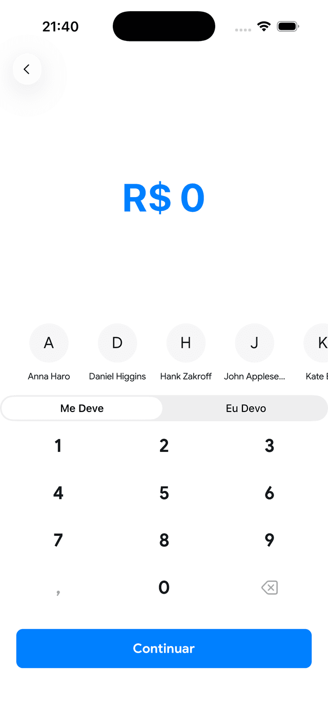 Tela de adicionar valor e tipo de transação