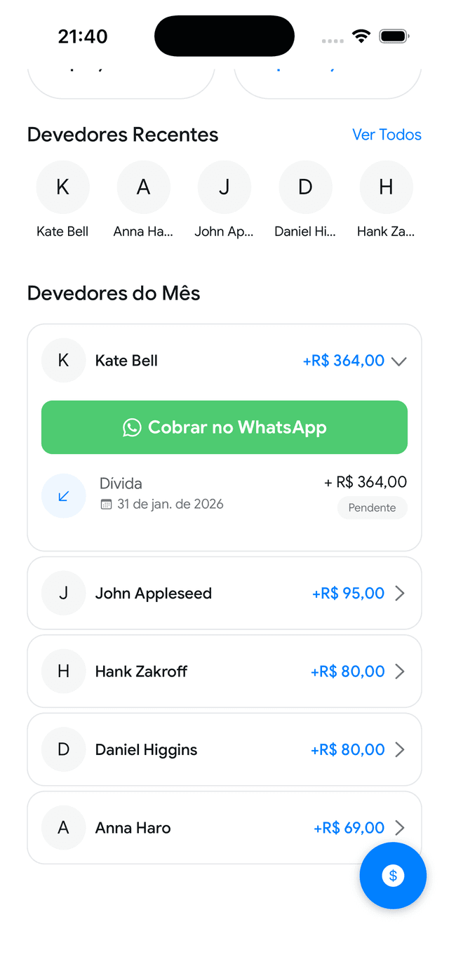 Detalhe do devedor com botão Cobrar no WhatsApp