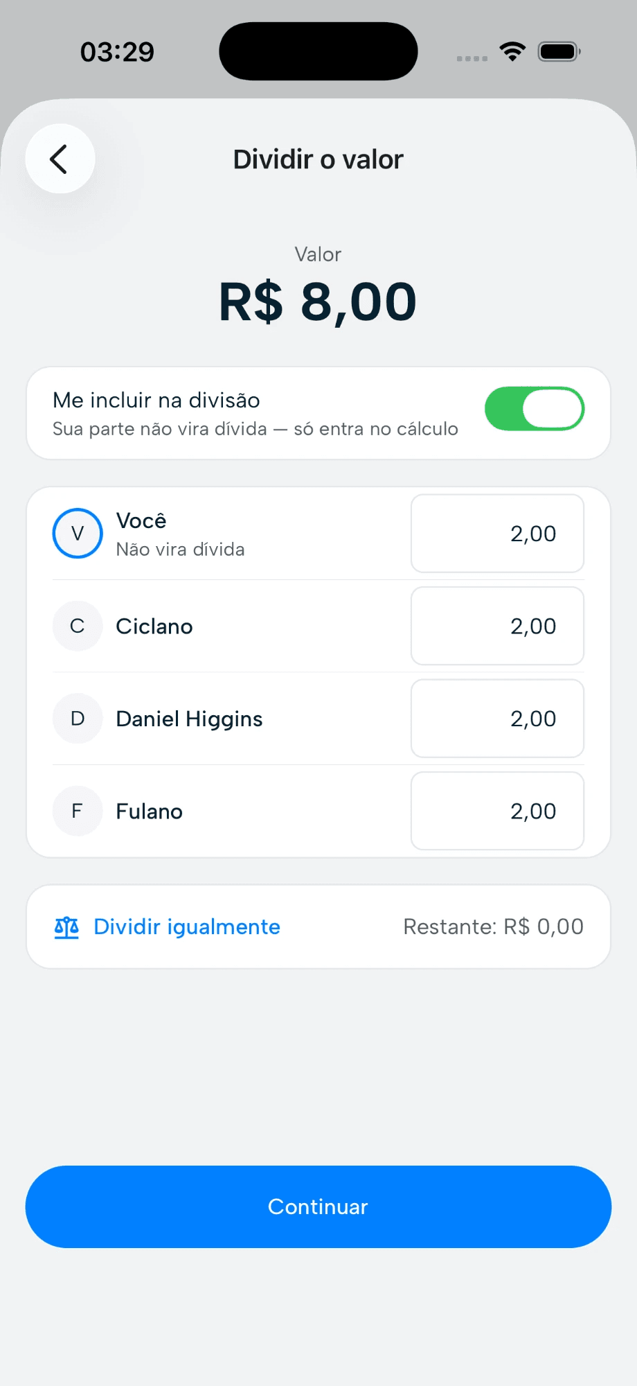 Tela de dividir o valor entre várias pessoas