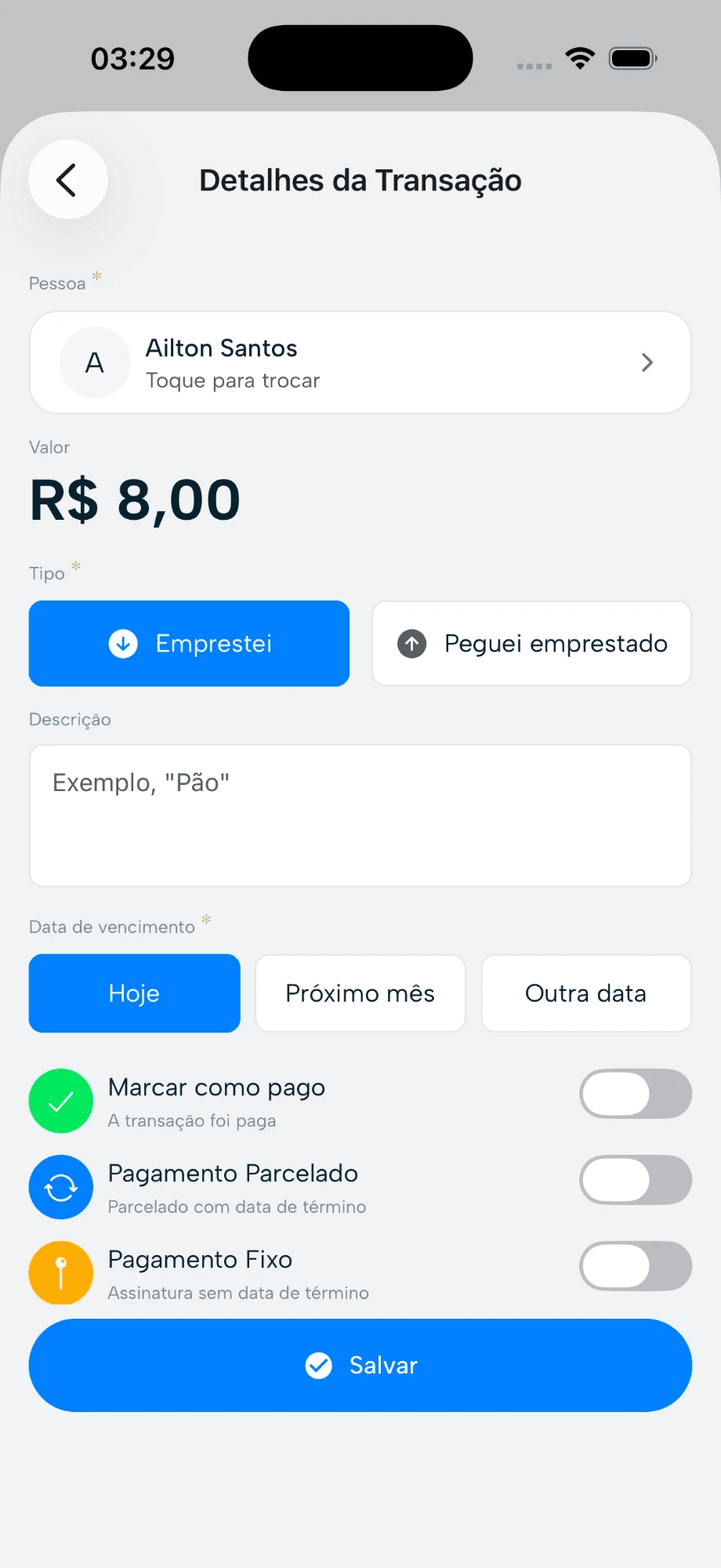 Tela de detalhes da transação