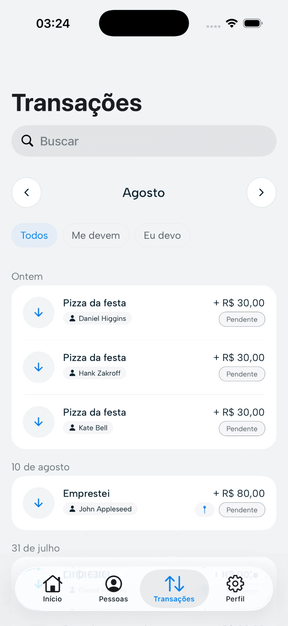 Lista de transações do mês